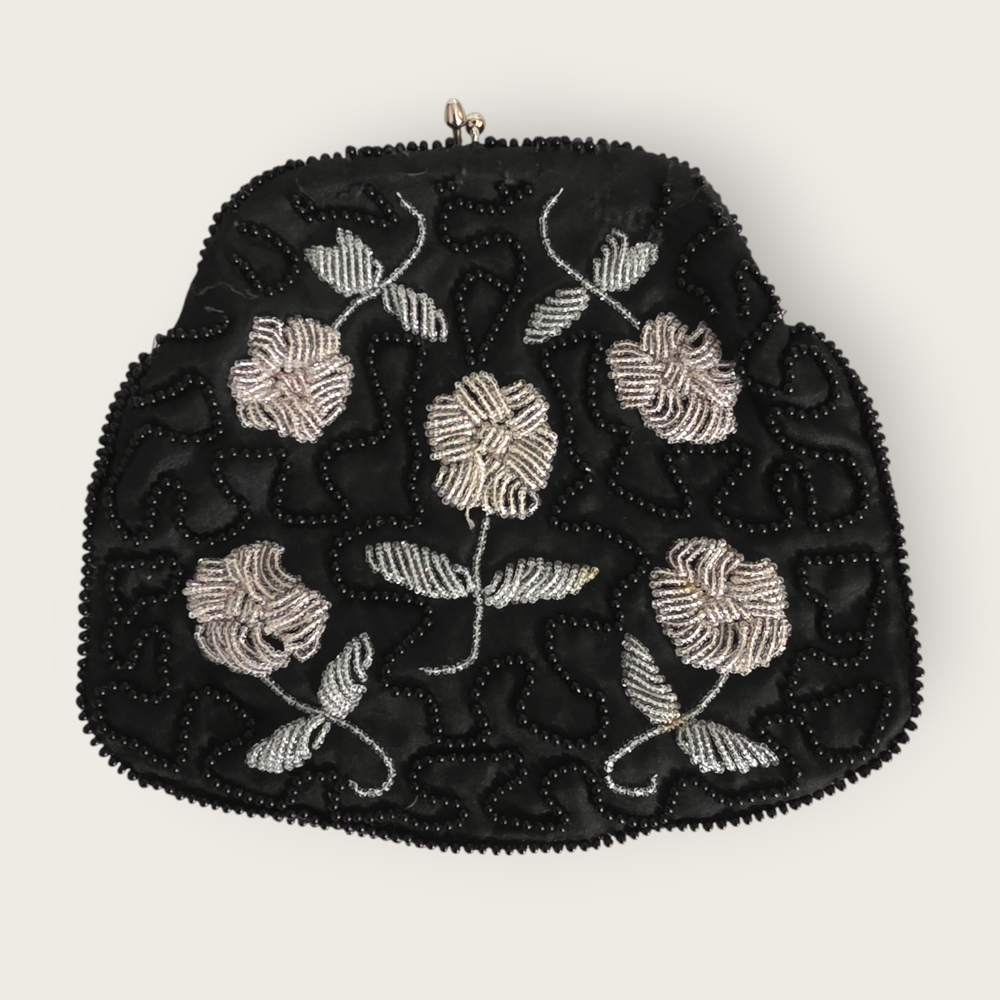 1960s Black Beaded Floral Clutch